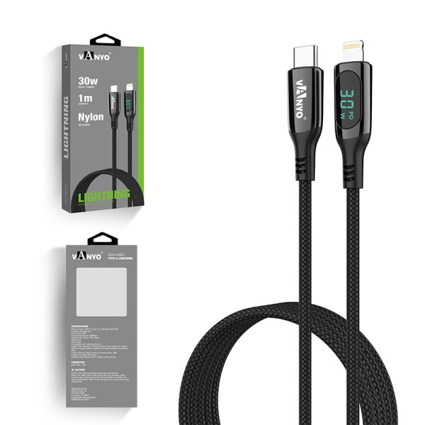 1M Fast Charging USB Data Cable 30w Nylon Type-C to Lightning Black