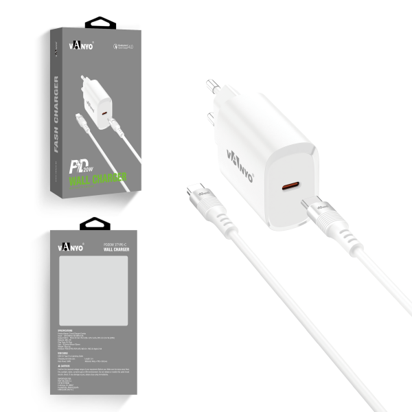 Carregador rápido tipo C + cabo de silicone branco USB 20 W
